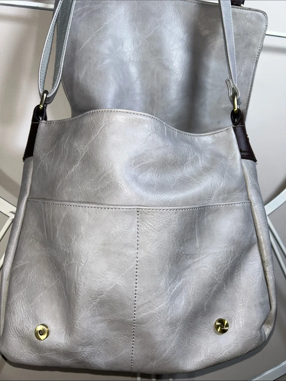 Gray Vegan Leather Crossbody Messenger Bag with Dark Brown Straps